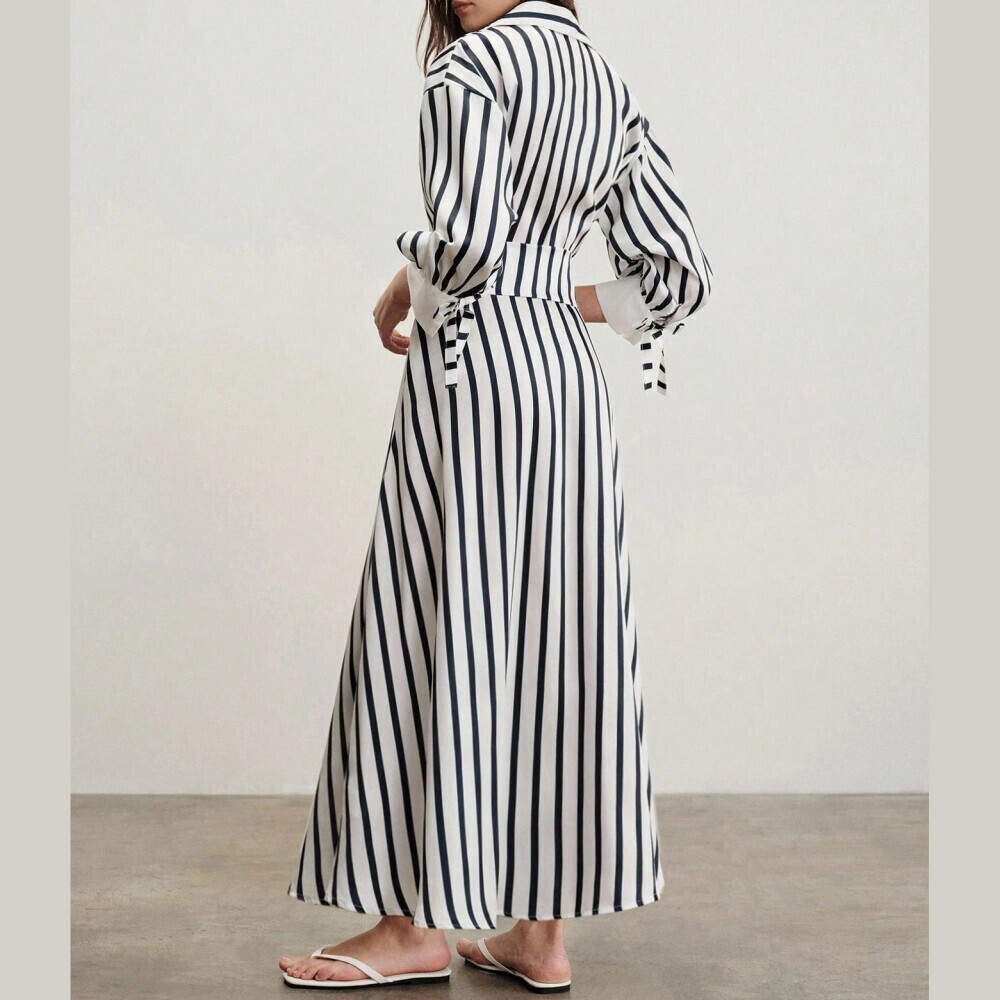Navy Striped Collared Belted Button Front Maxi Shirt Dress - Picture 3 of 7